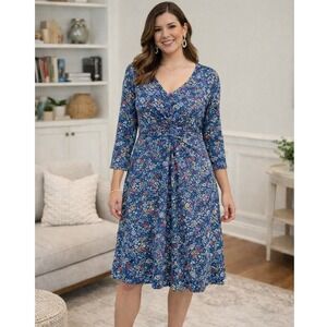 Lands End Blue Floral Twist Front Midi Dress Women's Medium Tall 10‎ 12 Pockets